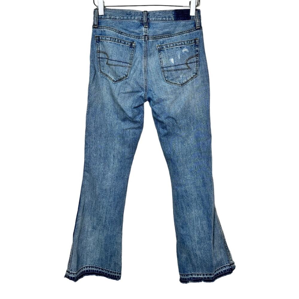 American Eagle Vintage Hi Rise Flare Jeans 00 Short Distressed Patchwork Slit - Picture 4 of 6
